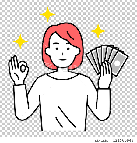 Casual woman holding money and making an OK sign 121560943