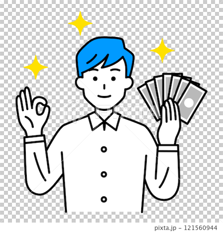 Casual man holding money and making an OK sign 121560944