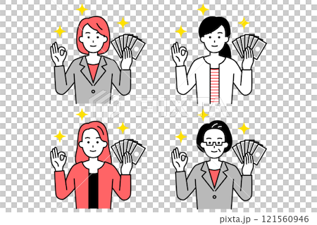 4 名穿著西裝的女性拿著錢並做出 OK 的手勢 121560946