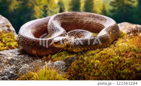 A snake lying on the grass 121561284
