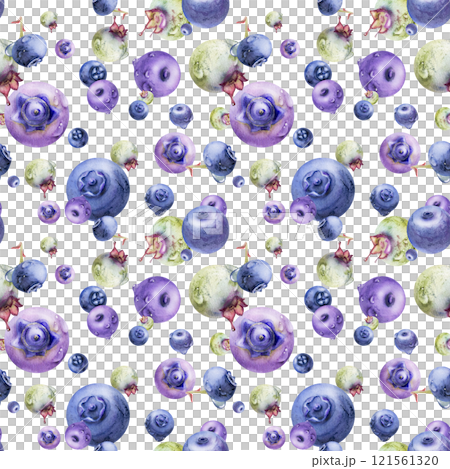 Blueberry blackberry, hand drawn in watercolor, group of flying ripe forest berry with drops, blue and purple. Seamless pattern illustration isolated on white. Restaurant, cafe menu, farmers market 121561320