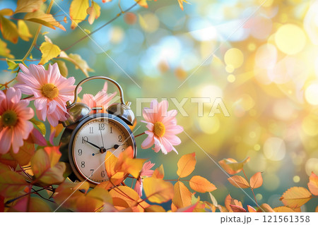 Rustic alarm clock surrounded by vibrant autumn leaves and blooming flowers in nature 121561358