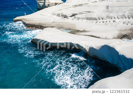 White chalk cliffs in Sarakiniko, Milos island, Cyclades, Greece 121561532