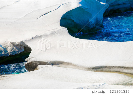 White chalk cliffs in Sarakiniko, Milos island, Cyclades, Greece 121561533
