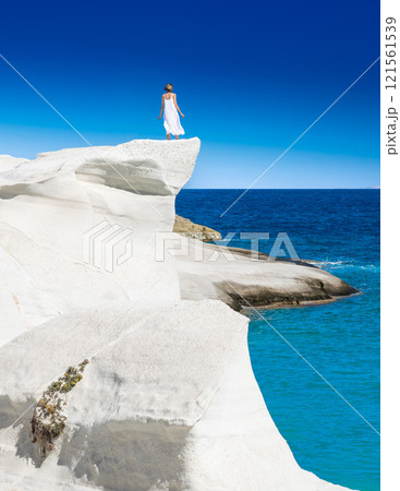 White chalk cliffs in Sarakiniko, Milos island, Cyclades, Greece White chalk cliffs in Sarakiniko, Milos island, Cyclades, Greece 121561539