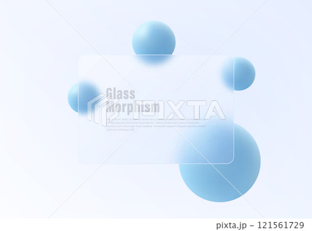 Website landing page template featuring glass morphism, with frosted glass partition and floating blue spheres. Website landing page template featuring glass morphism, with frosted glass partition and floating blue spheres. 121561729