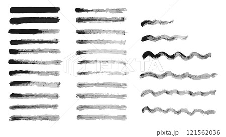 Set of curved and straight black lines made in ink for beautiful design, grunge line collection, painted rectangular diagonal shapes of different shapes and thicknesses, grunge set of strokes for text 121562036