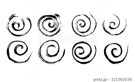 Set of abstract careless strokes in the shape of spirals on white background, swirls in grunge style, collection of black envy drawn in ink, casual style, black strokes in the form of curls for design 121562039