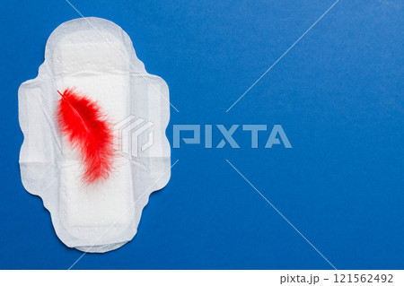 Women hygiene products or Sanitary pad with red feather on colored background. Pastel color. Closeup. Empty place for text. Female daily hygiene 121562492