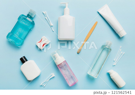 Mockup for bathing products top view flat lay, spa razor, toothpaste, soap, gel and other various accessories. Cosmetics for skin health. Bath Mockup for your logo Mockup for bathing products top view flat lay, spa razor, toothpaste, soap, gel and other various accessories. Cosmetics for skin health. Bath Mockup for your logo 121562541