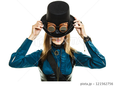 Portrait of beautiful steampunk woman isolated. Portrait of beautiful steampunk woman isolated. 121562756