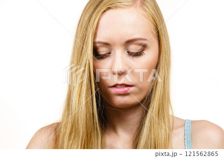 Portrait girl long blonde hair 121562865