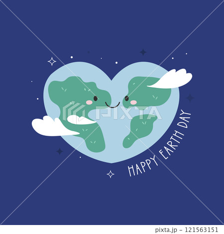 Cute Cartoon Illustration of Planet Earth and Text Happy Earth Day. Perfect for Earth Day and Climate Awareness Cute Cartoon Illustration of Planet Earth and Text Happy Earth Day. Perfect for Earth Day and Climate Awareness 121563151