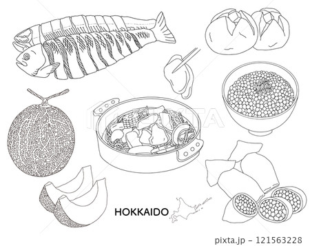 北海道グルメ　線画のイラストモノクロ 121563228