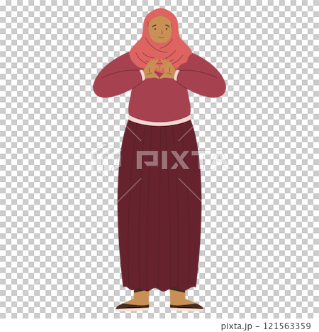 Illustration of a Woman in Hijab Wearing Maroon Outfit Showing Heart Gesture Illustration of a Woman in Hijab Wearing Maroon Outfit Showing Heart Gesture 121563359