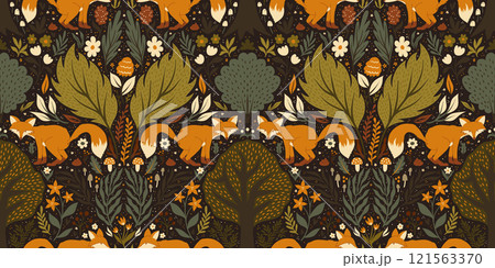 Symmetrical Forest Pattern with a Fox Pooping in the Woods, Mushrooms, Flowers, and Leaves in Warm Earthy Tones Whimsical Illustrated Design Symmetrical Forest Pattern with a Fox Pooping in the Woods, Mushrooms, Flowers, and Leaves in Warm Earthy Tones Whimsical Illustrated Design 121563370