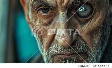 Old man's striking gaze with a glass eye captured in natural light outside 121563378