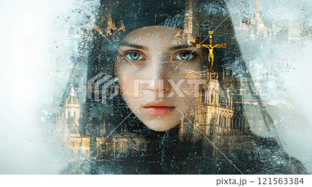 Portrait featuring double exposure of a woman in a veil and an ancient cityscape during a misty afternoon Portrait featuring double exposure of a woman in a veil and an ancient cityscape during a misty afternoon 121563384