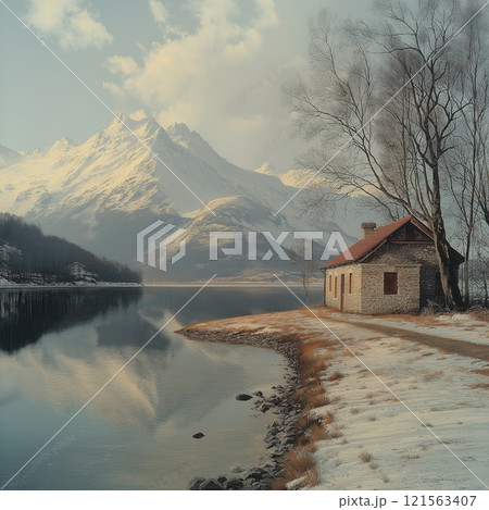 Small house on a winter lake with mountains in the background. 121563407