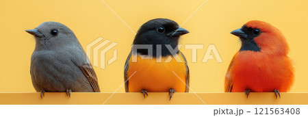 Little birds sit together on a colored background. 121563408