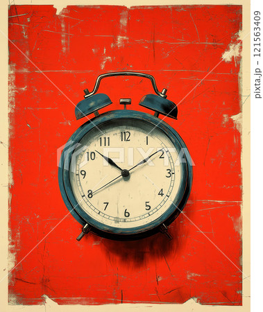 Alarm clock on a red background emphasizing the passage of time and retro design. 121563409