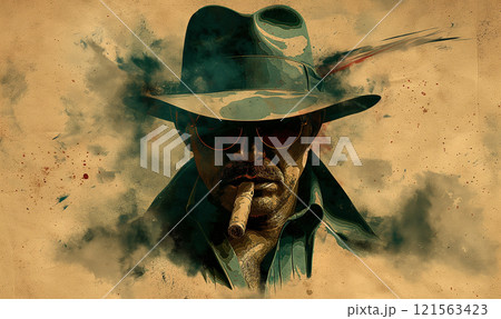 Watercolor portrait of a man in a hat and with a cigar. 121563423