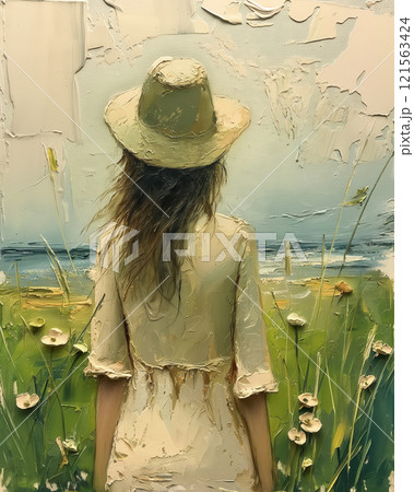 Painting woman in hat walking among flowers, abstract painting. 121563424