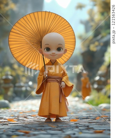 cartoon 3d asian child monk with umbrella. 121563426