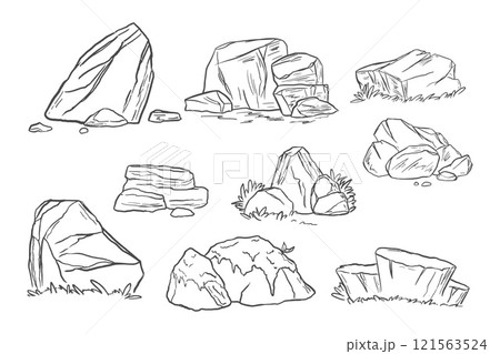 Stones outline drawing. Isolated rock line arts. Mountain boulders sketch. Hand drawn rubble groups. Ruins outline template Stones outline drawing. Isolated rock line arts. Mountain boulders sketch. Hand drawn rubble groups. Ruins outline template 121563524