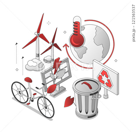 Ecology concept - red and black isometric line illustration Ecology concept - red and black isometric line illustration 121563537