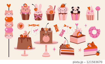 Set with cute cakes, cupcakes and sweets with kawaii animals and berries. Delicious desserts with chocolate and decor. Trendy modern vector illustration isolated on background, hand drawn, flat 121563670