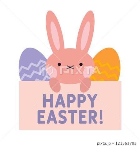 Happy Easter banner with cute rabbit and eggs, pastel colors. Trendy modern vector illustration isolated on white background, hand drawn, flat design Happy Easter banner with cute rabbit and eggs, pastel colors. Trendy modern vector illustration isolated on white background, hand drawn, flat design 121563703