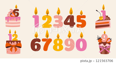 Set with Various Birthdays burning candles in the form of numbers and celebration cake, cupcakes with them. Trendy modern vector illustration isolated on background, hand drawn, flat design Set with Various Birthdays burning candles in the form of numbers and celebration cake, cupcakes with them. Trendy modern vector illustration isolated on background, hand drawn, flat design 121563706
