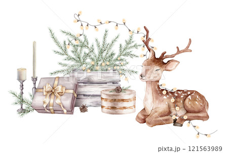 Watercolor baby deer and garland of warm bulbs. Christmas tree branch in box made of white gray and gift box with bow. Hand painted illustration fir-needle and animal with cake and candles for card. Watercolor baby deer and garland of warm bulbs. Christmas tree branch in box made of white gray and gift box with bow. Hand painted illustration fir-needle and animal with cake and candles for card. 121563989