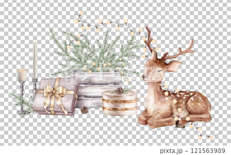 Watercolor baby deer and garland of warm bulbs. Christmas tree branch in box made of white gray and gift box with bow. Hand painted illustration fir-needle and animal with cake and candles for card. Watercolor baby deer and garland of warm bulbs. Christmas tree branch in box made of white gray and gift box with bow. Hand painted illustration fir-needle and animal with cake and candles for card. 121563989