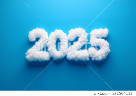 Cloud-shaped numbers representing the year 2025 against a bright blue background Cloud-shaped numbers representing the year 2025 against a bright blue background 121564112
