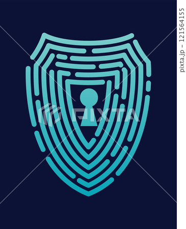 Secure shield fingerprint. Scan fingerprint, security or identification system based on thumb lines. Biometric data design. Futuristic technology. Vector illustration Secure shield fingerprint. Scan fingerprint, security or identification system based on thumb lines. Biometric data design. Futuristic technology. Vector illustration 121564155