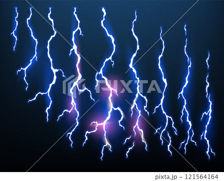 Lightning animation set with sparks. Electricity thunderbolt danger, light electric powerful thunder. Bright energy effect, Vector illustration 121564164