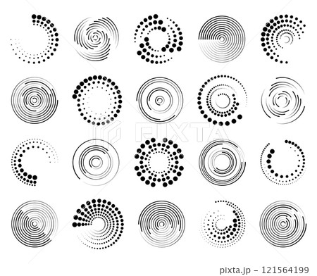 Halftone dotted speed lines circle set. Geometric art in circle forms. Round swirl movement symbols. Halftone circular dotted frames. Vector design elements 121564199