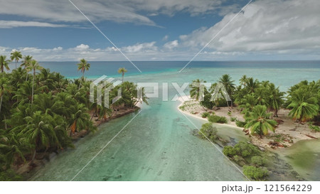 Turquoise water lagoon and two small palm tree covered islands on Tikehau atoll, part of French Polynesia Tuamotu archipelago. Remote wild nature paradise, exotic summer travel. Aerial drone flight 121564229