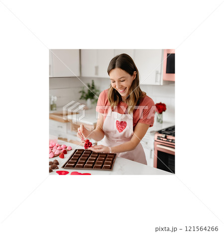 キッチンで楽しくバレンタインチョコを手作りする女性 121564266