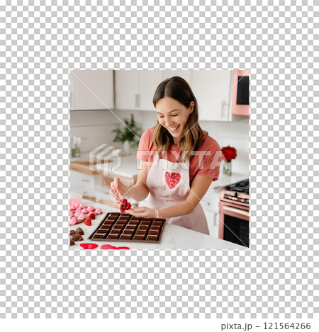 キッチンで楽しくバレンタインチョコを手作りする女性 121564266