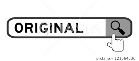 Search banner in word original with hand over magnifier icon on white background Search banner in word original with hand over magnifier icon on white background 121564336
