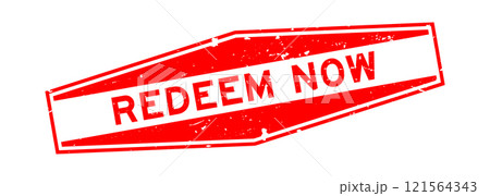 Grunge red redeem now word hexagon rubber seal stamp on white background 121564343