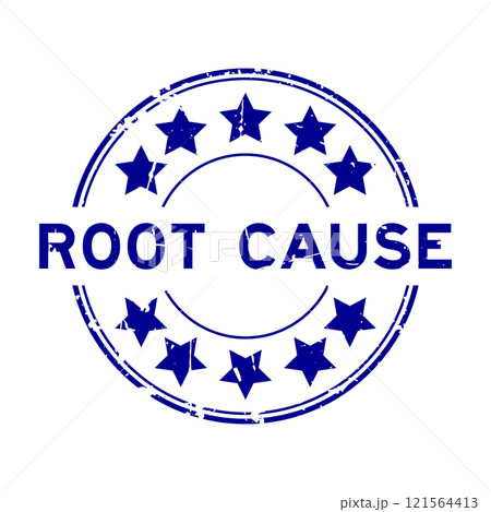 Grunge blue root cause word with star icon round rubber seal stamp on white background 121564413