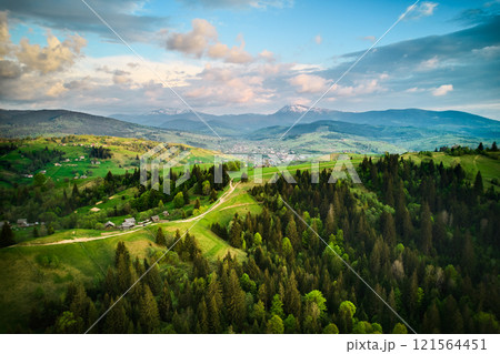 Aerial view of picturesque rural landscape in Ukraine, with lush green fields, dense forests, and scattered houses under sky filled with dramatic clouds. Snow-capped mountains in distant horizon. 121564451