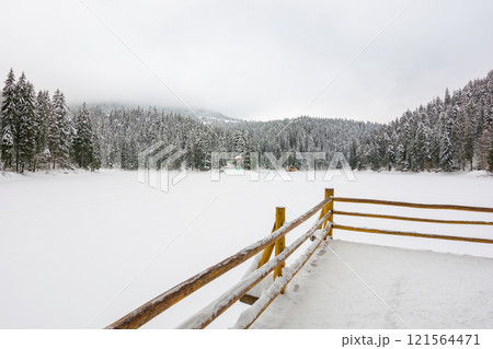 carpathian mountain winter landscape. frosty temperature. snow covered frozen lake. scenery in synevyr national park, ukraine. cloudy weather. travel destination background. picturesque wonderland carpathian mountain winter landscape. frosty temperature. snow covered frozen lake. scenery in synevyr national park, ukraine. cloudy weather. travel destination background. picturesque wonderland 121564471