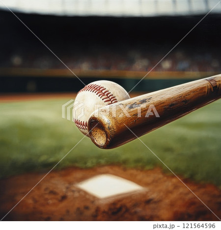 close-up of a baseball bat making contact with a baseball, captured in sharp focus with the ball slightly blurred in mid-flight. 121564596