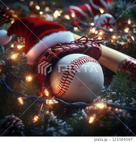 A baseball, adorned with its classic white leather and red stitching, rests on a bed of soft pine branches surrounded by glowing Christmas lights. 121564597