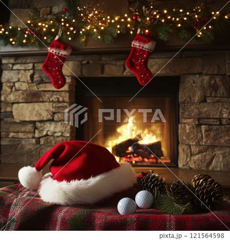 A golf club and a few golf balls, decorated with subtle red and green holiday accents, are placed next to a classic red Santa hat with white fur trim 121564598